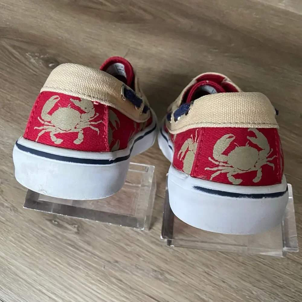 Lands End Canvas Boat Shoes Boy Sz 2 Red Tan Crab Strapped
